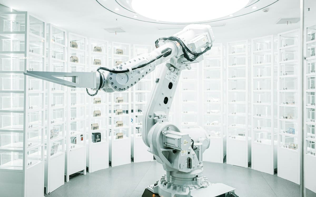 Otomatik depoda çalışan endüstriyel robot kol — süreç otomasyonu